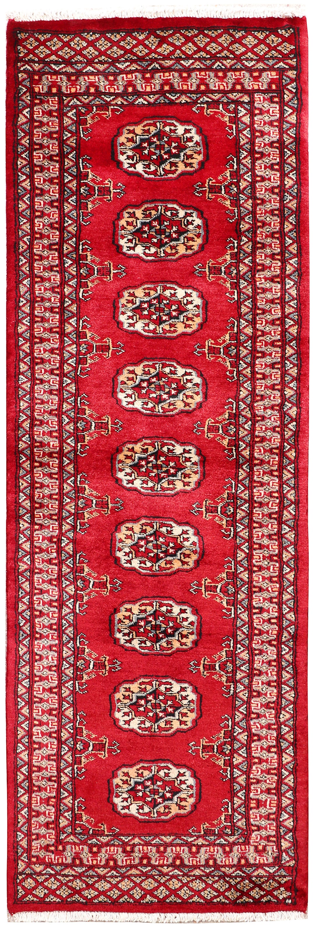 Red Pakistani Bokhara Rug 2' 1 x 6' 1 Hand-Knotted
