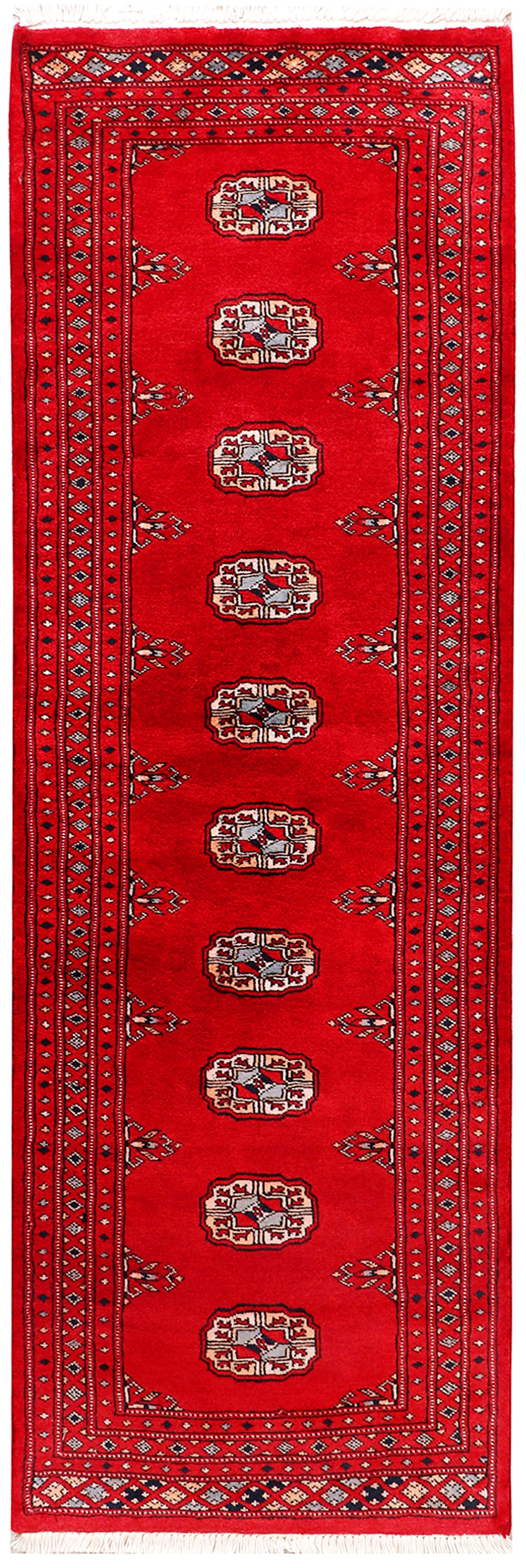 Red Pakistani Bokhara Rug 2' 1 x 6' 3 Hand-Knotted