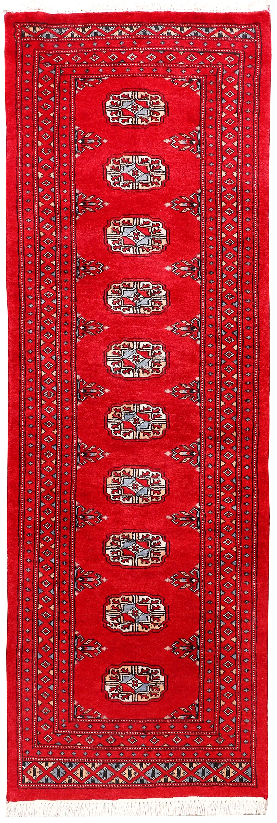 Red Pakistani Bokhara Rug 2' x 6' 1 Hand-Knotted