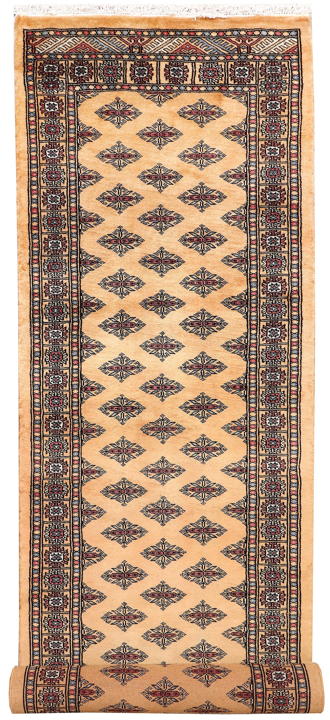 White Pakistani Geometric Rug 2'7" x 10'3" Hand-Knotted