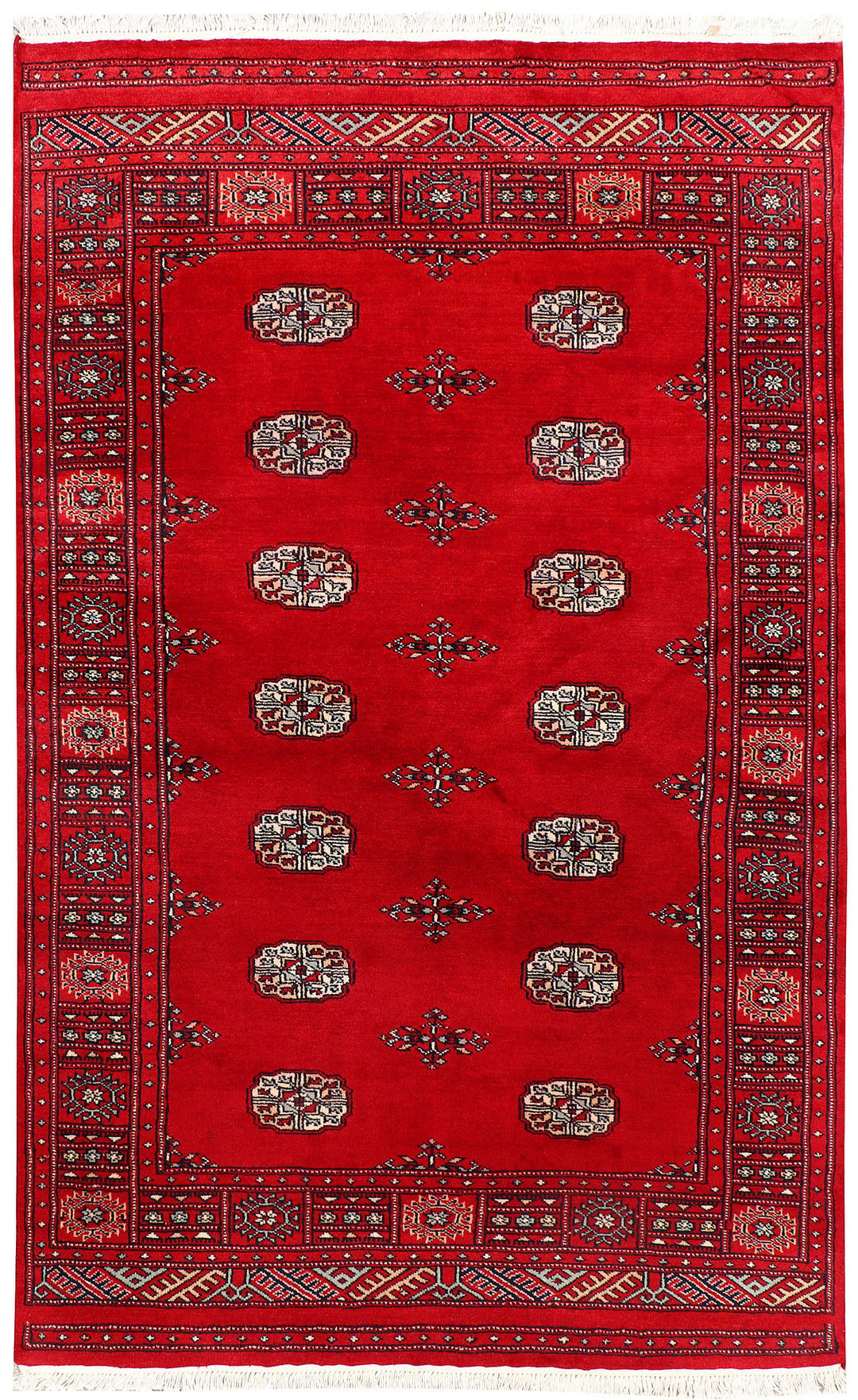 Red Pakistani Bokhara Rug 4' 1 x 6' 4 Hand-Knotted