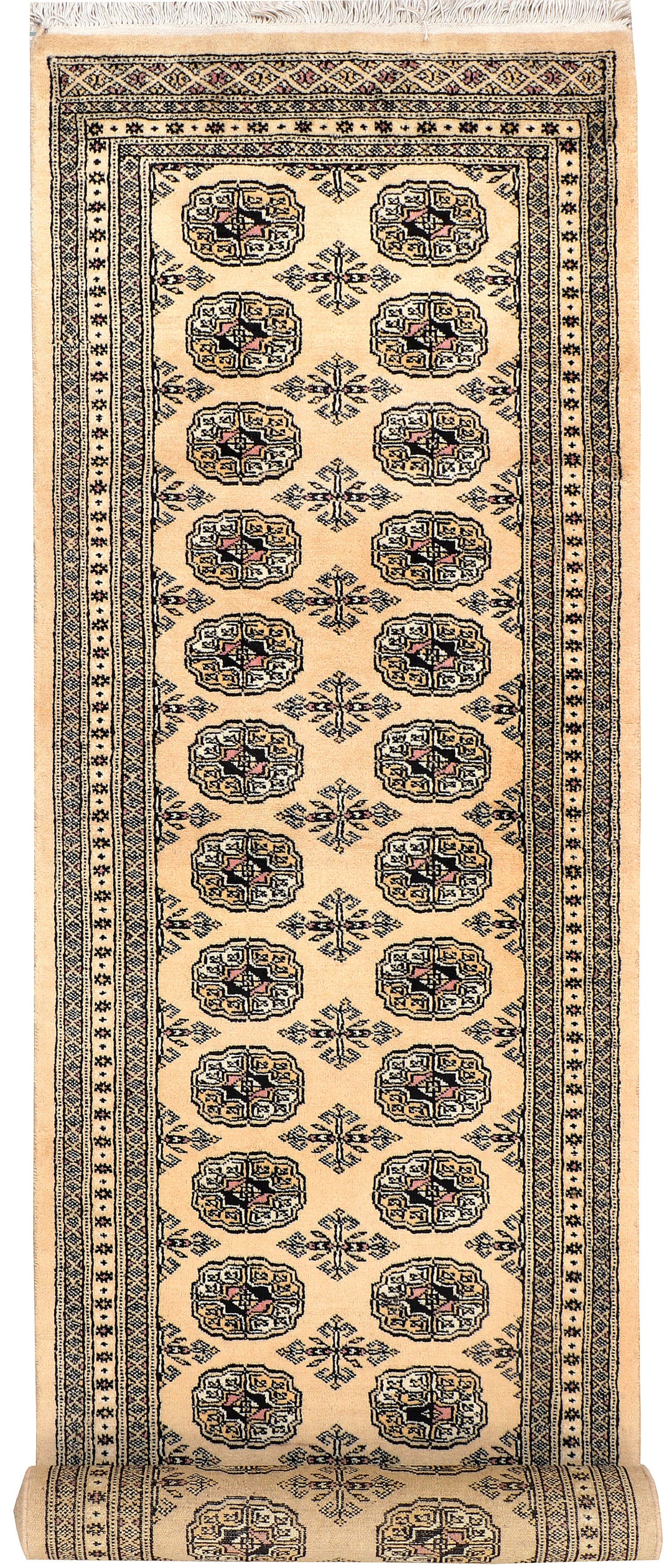 White Pakistani Bokhara Rug 2'6" x 10'1" Hand-Knotted