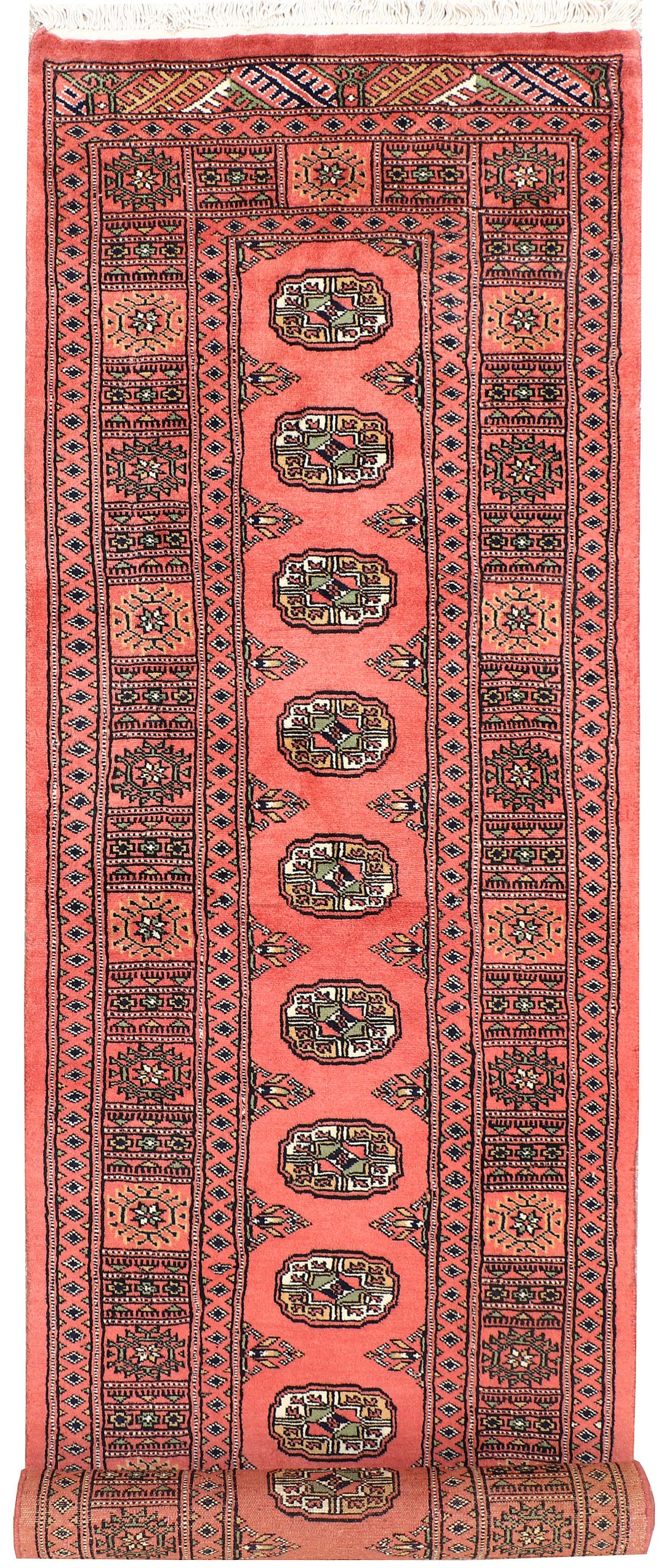 Salmon Afghan Bokhara Rug 2' 6" x 10' Hand-Knotted