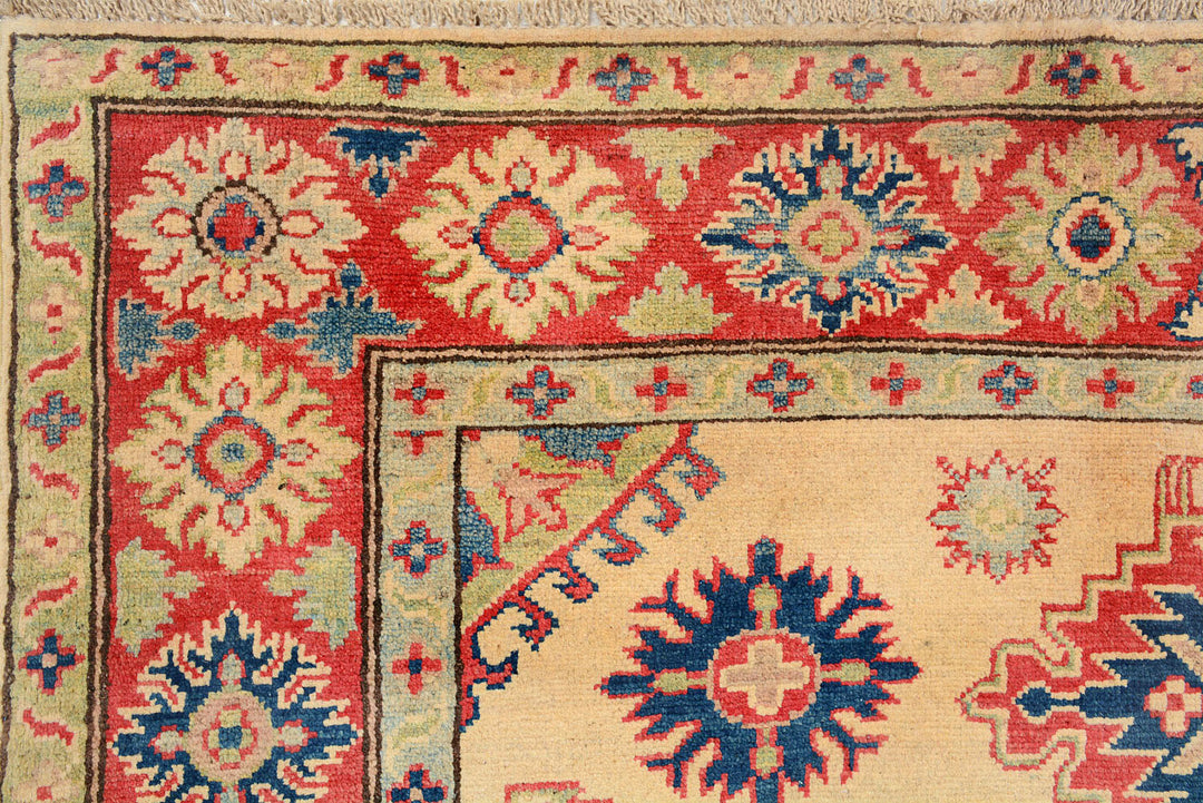 White Afghan Kazak Rug 5' 2 x 6' 8 Hand-Knotted detail