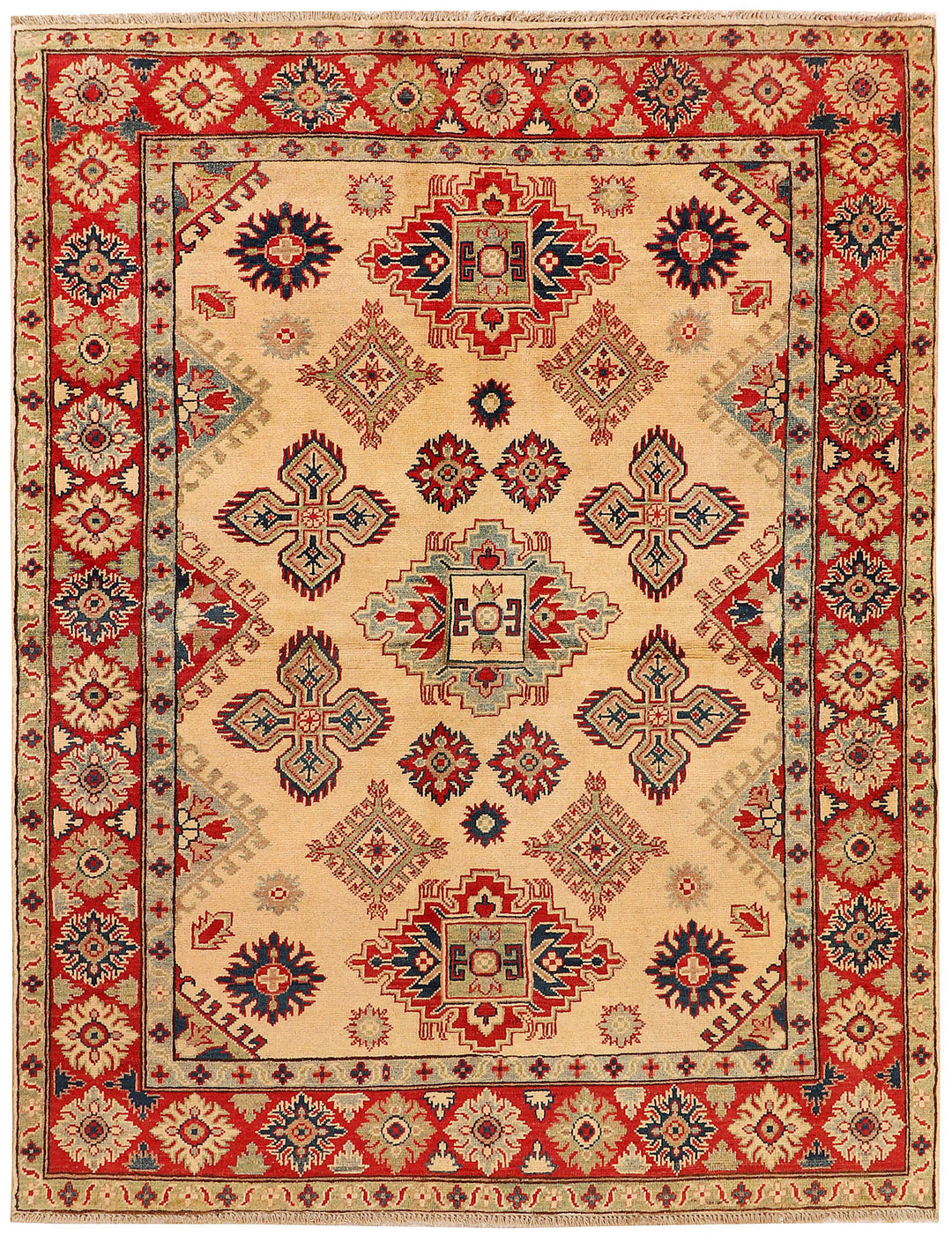 White Afghan Kazak Rug 5' 2 x 6' 8 Hand-Knotted
