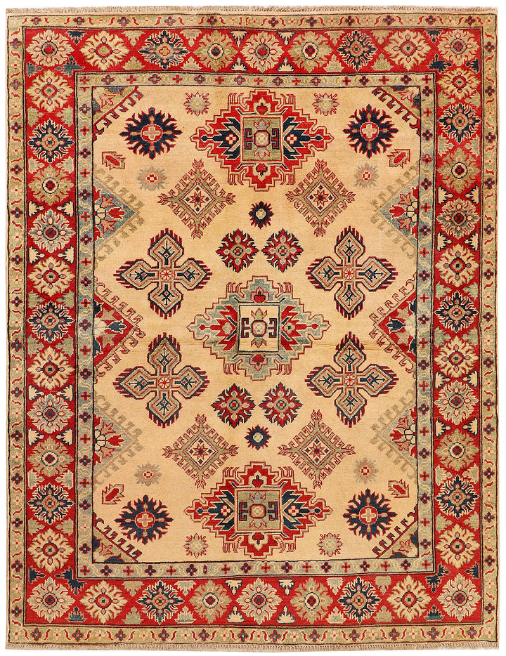 White Afghan Kazak Rug 5' 2 x 6' 8 Hand-Knotted