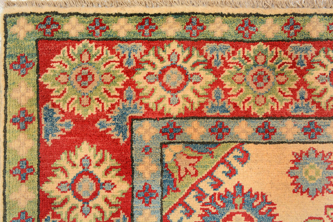 White Afghan Kazak Rug 4' 11" x 6' 7" Hand-Knotted detail