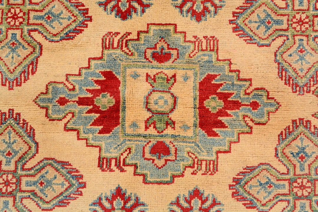 White Afghan Kazak Rug 4' 11" x 6' 7" Hand-Knotted close-up