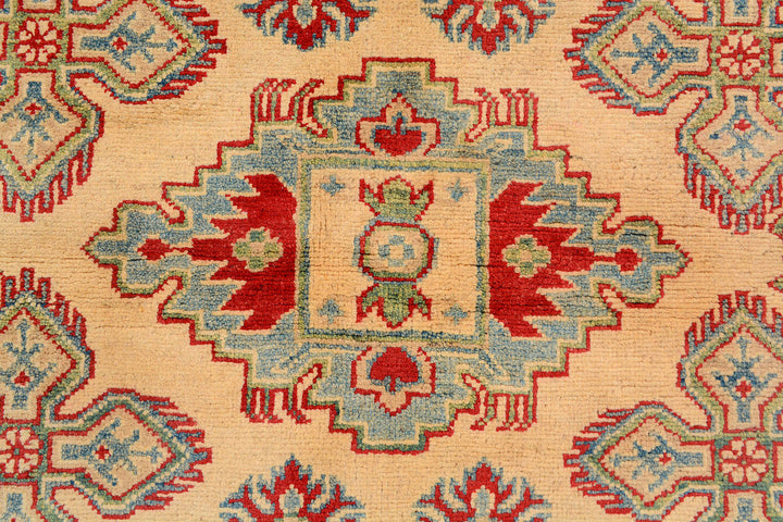 White Afghan Kazak Rug 4' 11" x 6' 7" Hand-Knotted close-up