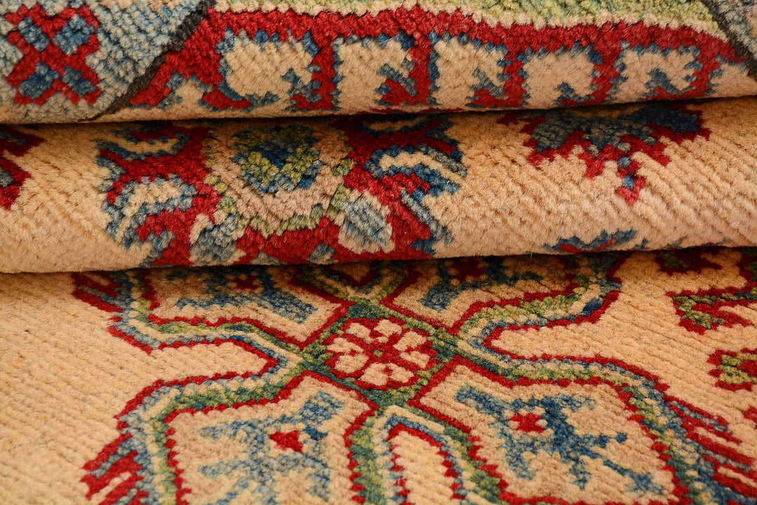 White Afghan Kazak Rug 4' 11" x 6' 7" Hand-Knotted pattern