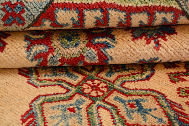 White Afghan Kazak Rug 4' 11" x 6' 7" Hand-Knotted pattern