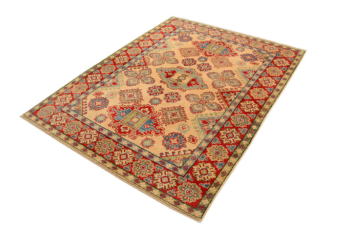 White Afghan Kazak Rug 4' 11" x 6' 7" Hand-Knotted border