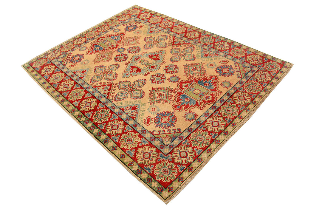 White Afghan Kazak Rug 4' 11" x 6' 7" Hand-Knotted field