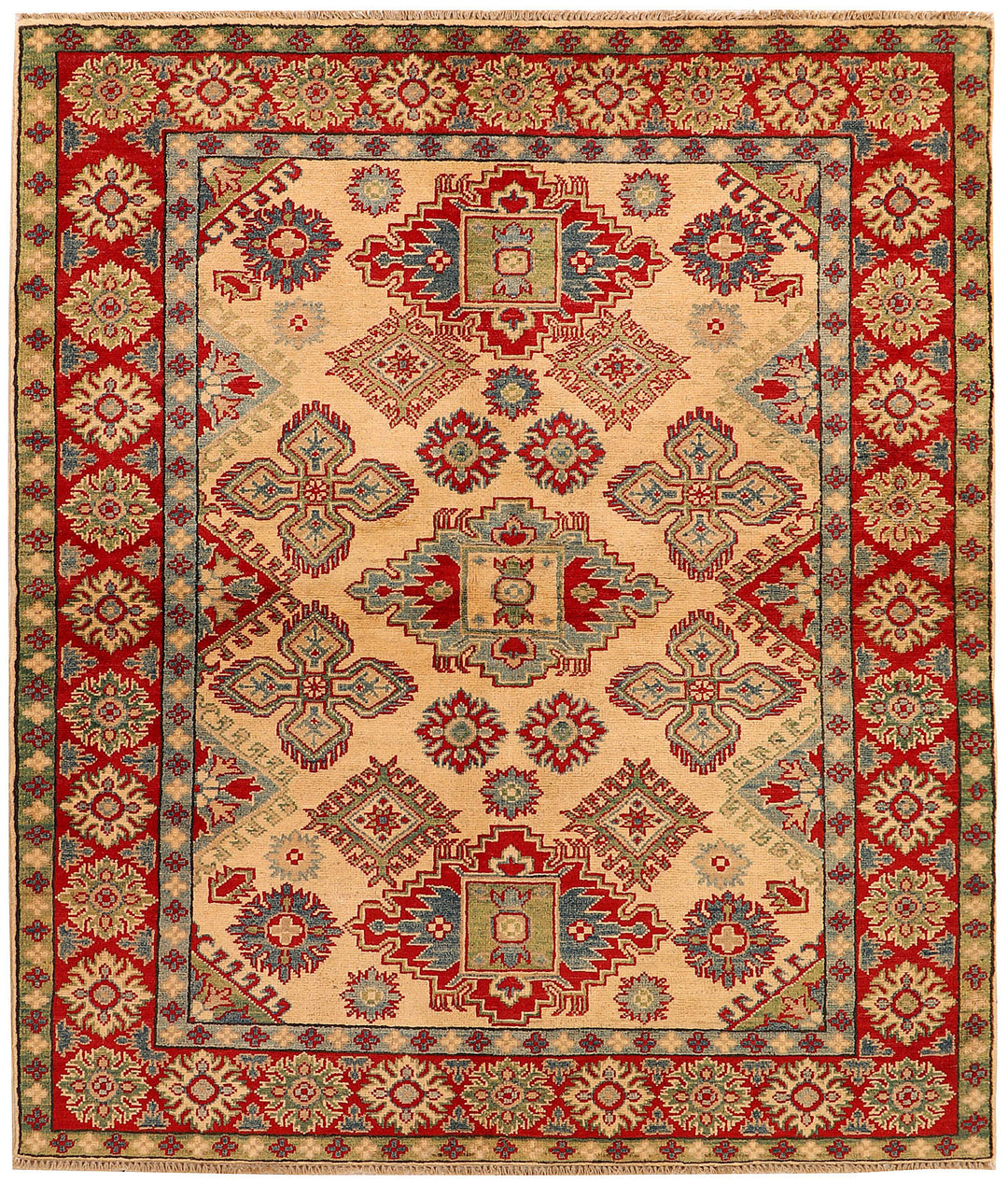 White Afghan Kazak Rug 4' 11" x 6' 7" Hand-Knotted
