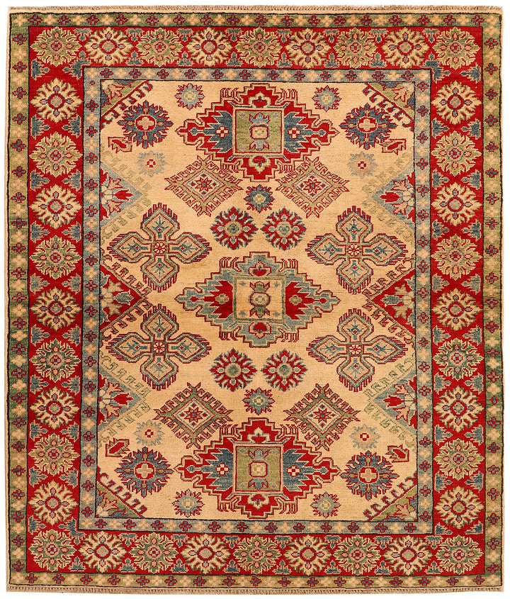 White Afghan Kazak Rug 4' 11" x 6' 7" Hand-Knotted
