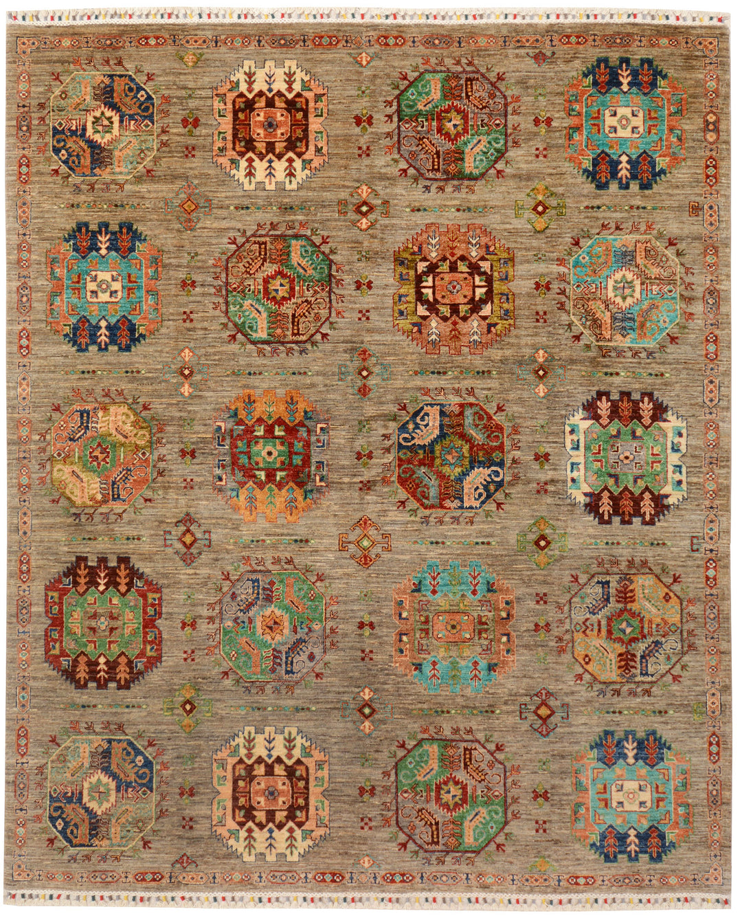 Tan Afghan Kazak Rug 7'10" x 9'5" Hand-Knotted