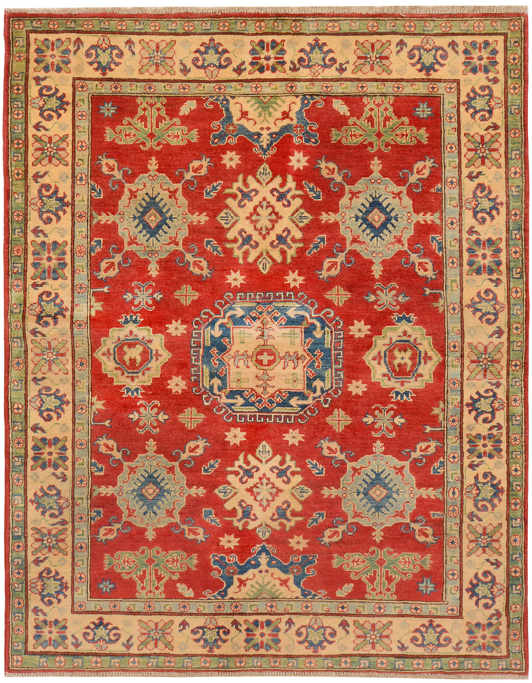 Red Afghan Kazak Rug 4'11" x 6'7" Hand-Knotted