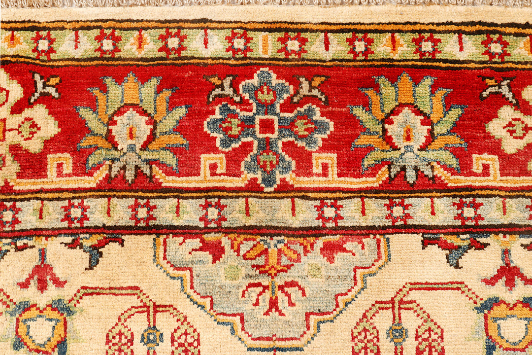 White Afghan Kazak Rug 5'1" x 6'9" Hand-Knotted close-up