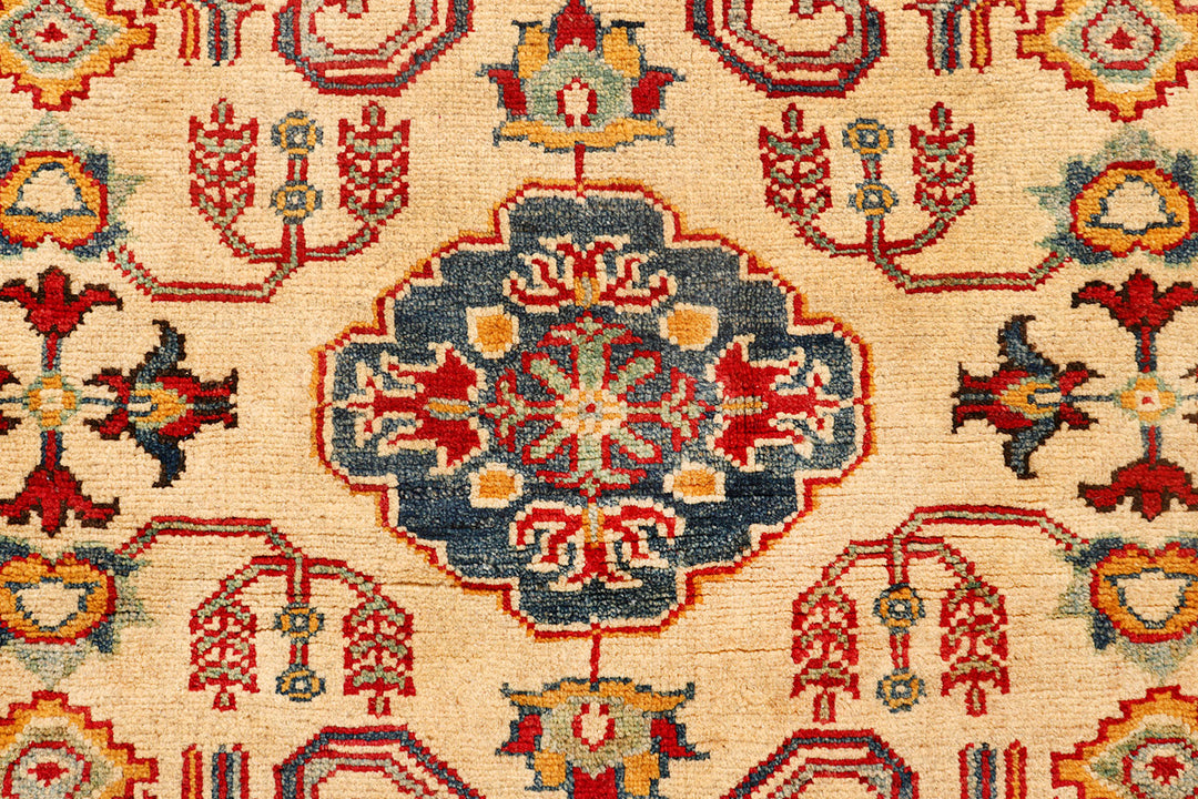 White Afghan Kazak Rug 5'1" x 6'9" Hand-Knotted pattern