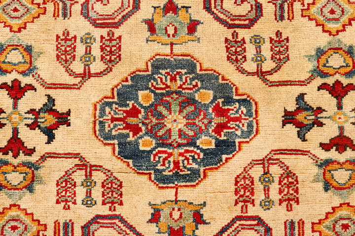 White Afghan Kazak Rug 5'1" x 6'9" Hand-Knotted pattern