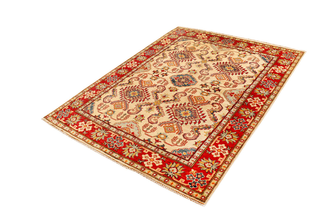 White Afghan Kazak Rug 5'1" x 6'9" Hand-Knotted field