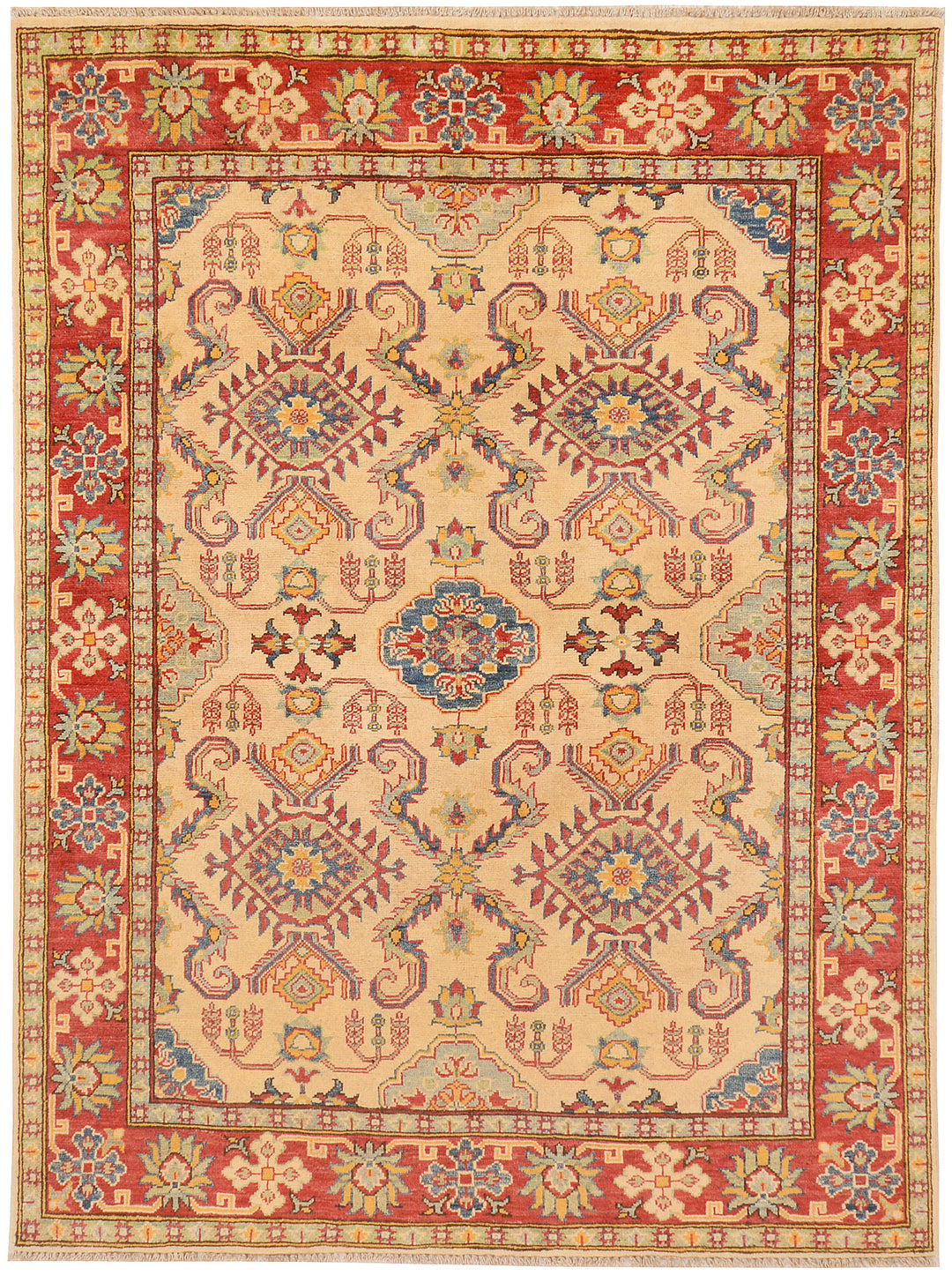 White Afghan Kazak Rug 5'1" x 6'9" Hand-Knotted