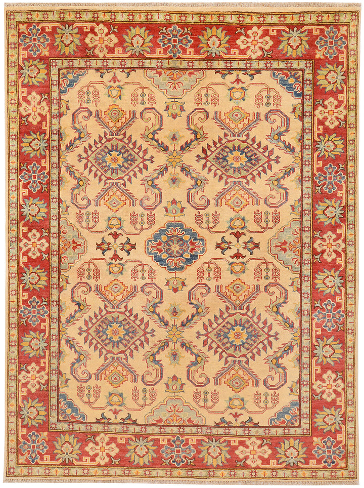 White Afghan Kazak Rug 5'1" x 6'9" Hand-Knotted