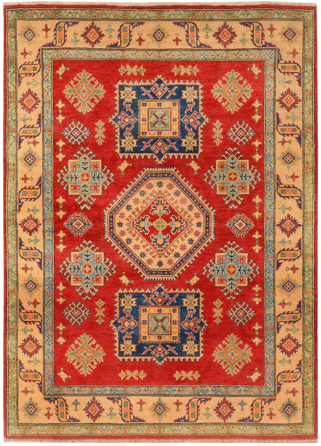Red Afghan Kazak Rug 5'1" x 6'11" Hand-Knotted