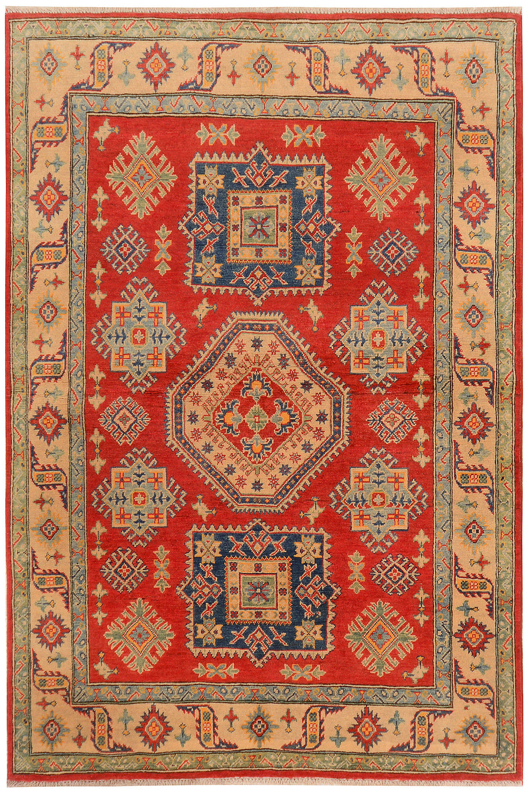 Red Afghan Kazak Rug 4' 9" x 6' 10" Hand-Knotted