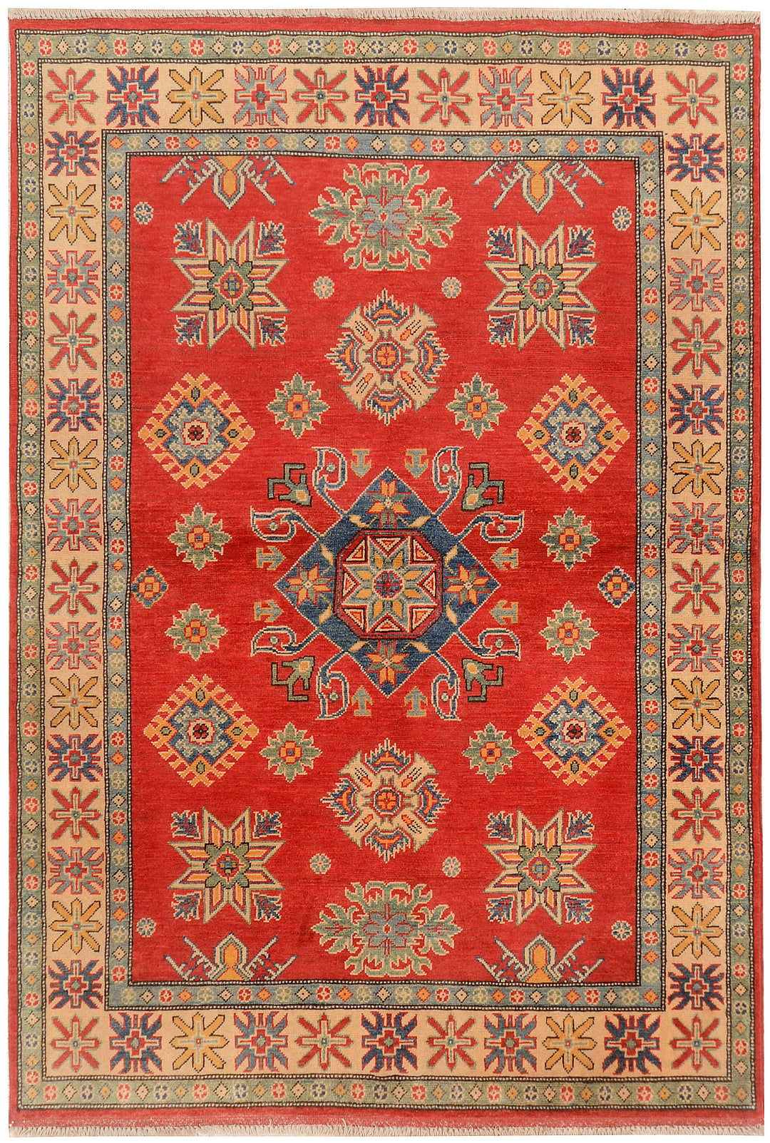 Red Afghan Kazak Rug 4' 9 x 6' 11 Hand-Knotted