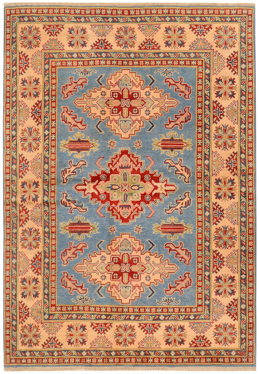 Light Steel Blue Afghan Kazak Rug 4'11" x 6'9" Hand-Knotted