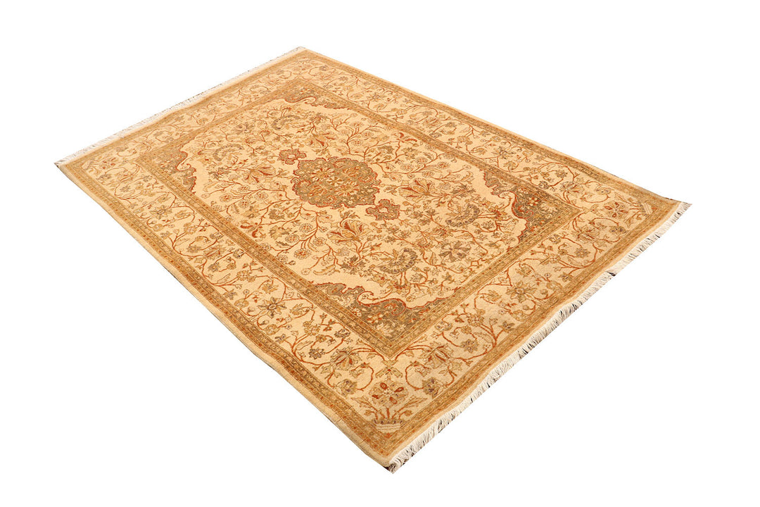 White Afghan Isfahan Rug 4'2" x 6'1" Hand-Knotted field