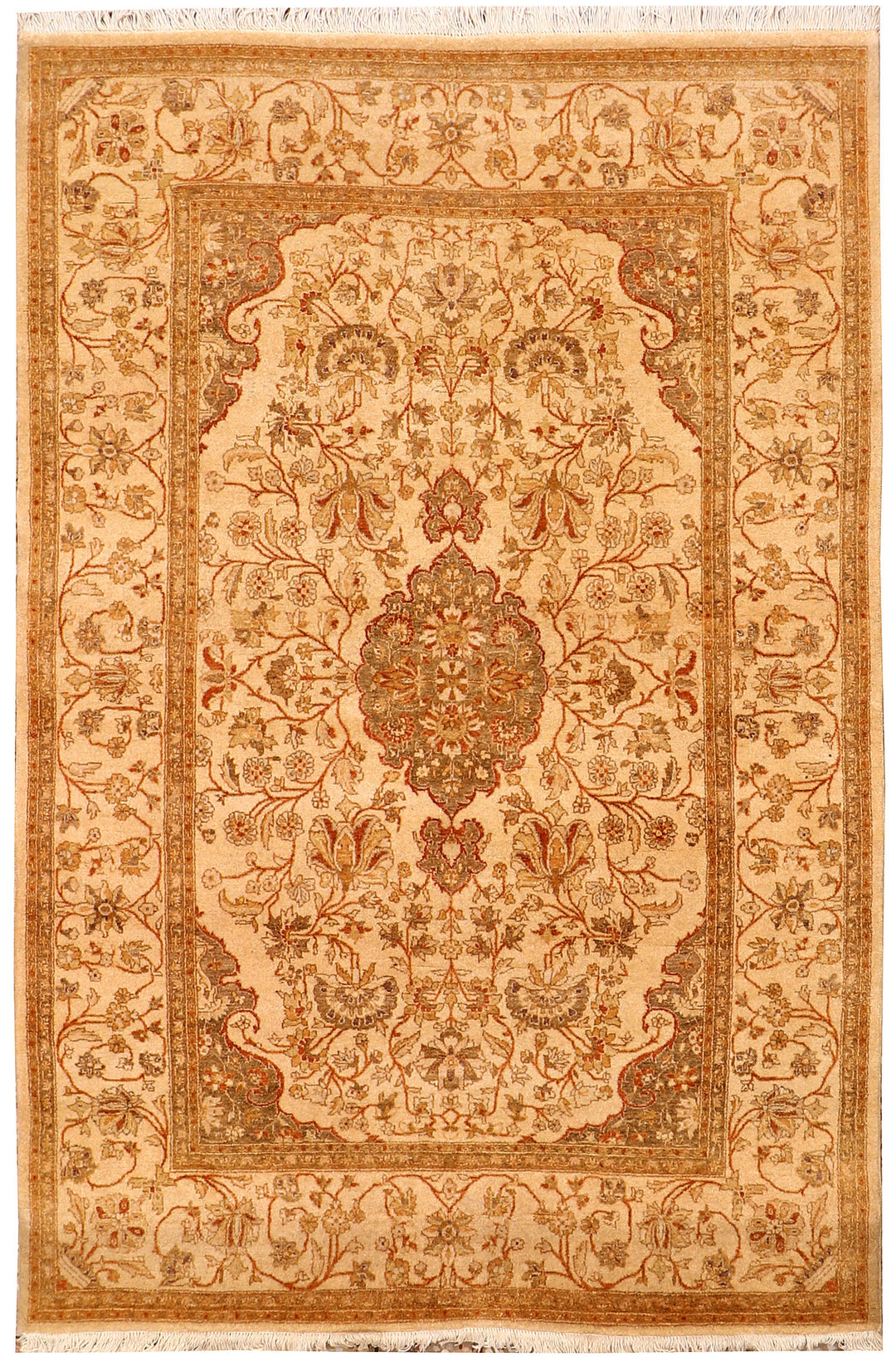 White Afghan Isfahan Rug 4'2" x 6'1" Hand-Knotted