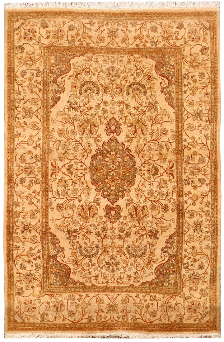 White Afghan Isfahan Rug 4'2" x 6'1" Hand-Knotted