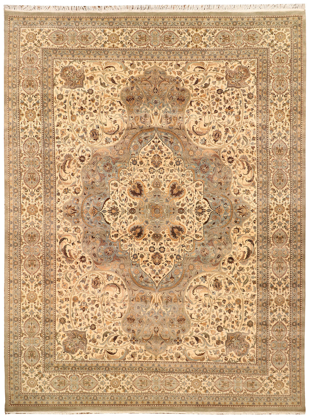 White Pakistani Kirman Rug 9'1" x 12'4" Hand-Knotted