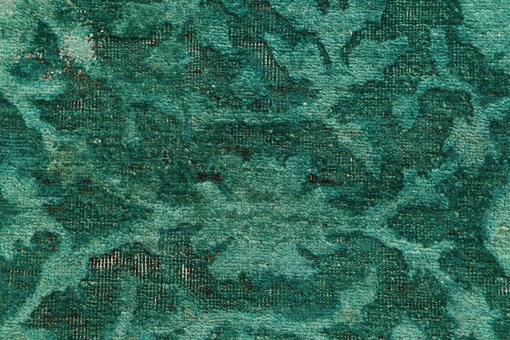 Green Afghan Overdyed Rug 2' 7" x 8' 8" Hand-Knotted close-up