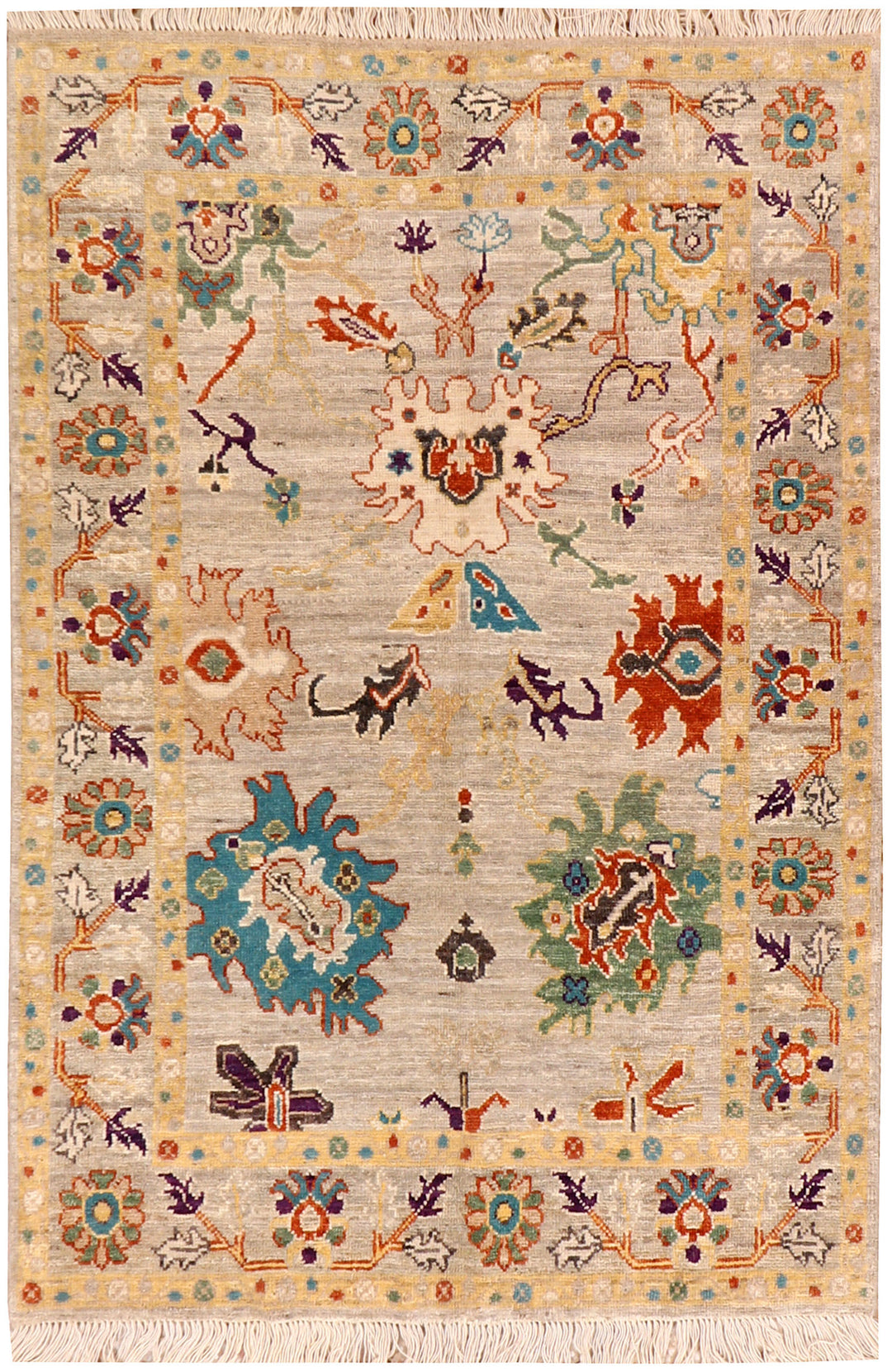Tan Afghan Oushak Rug 4' 1" x 5' 11" Hand-Knotted