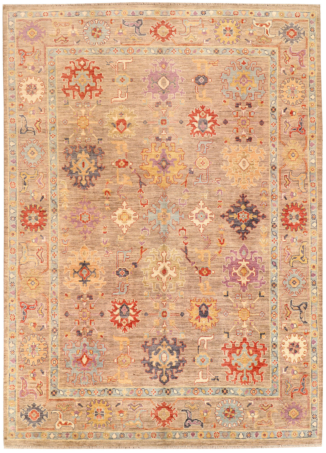 Tan Afghan Oushak Rug 8' 10" x 12' 3" Hand-Knotted