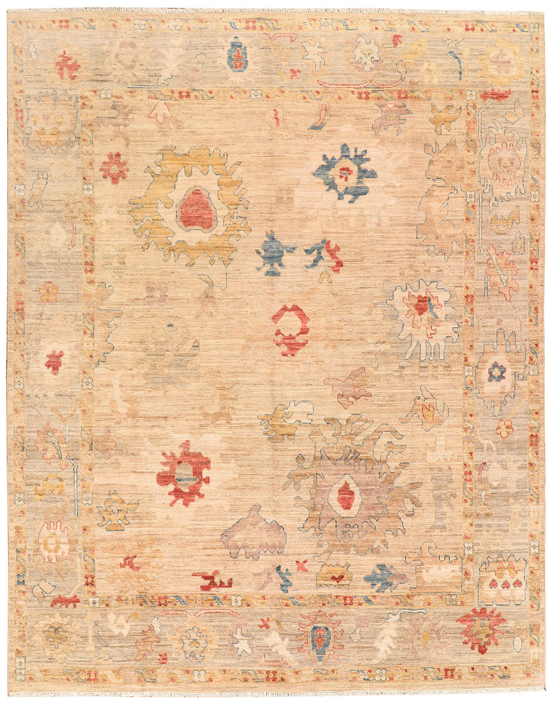 Tan Afghan Oushak Rug 8'11" x 11'3" Hand-Knotted