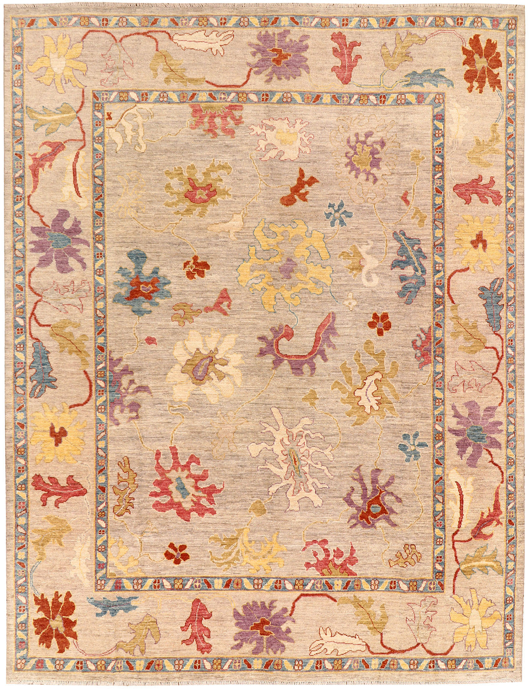 Tan Afghan Oushak Rug 8'11" x 11'8" Hand-Knotted