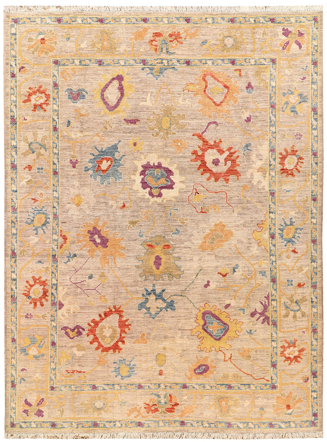 Tan Afghan Oushak Rug 9' x 11' 11" Hand-Knotted