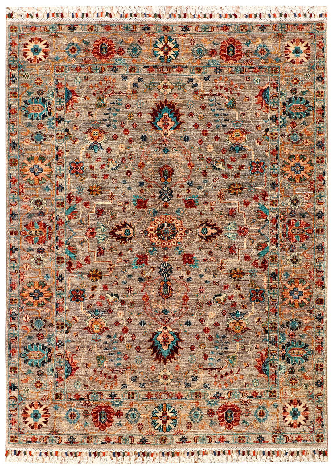 Tan Afghan Kazak Rug 5' x 6' 9" Hand-Knotted