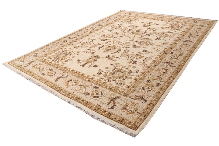 White Afghan Oushak Rug 8' 10" x 12' Hand-Knotted border