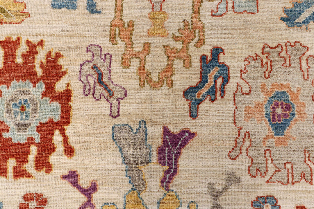 White Afghan Oushak Rug 6'2" x 8'11" Hand-Knotted close-up