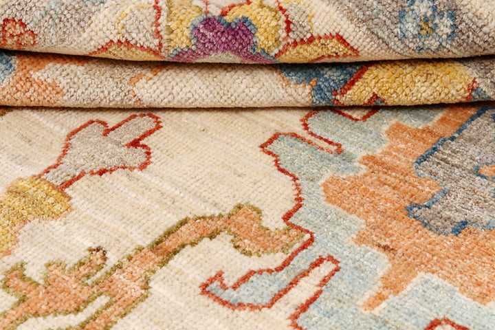 White Afghan Oushak Rug 6'2" x 8'11" Hand-Knotted pattern