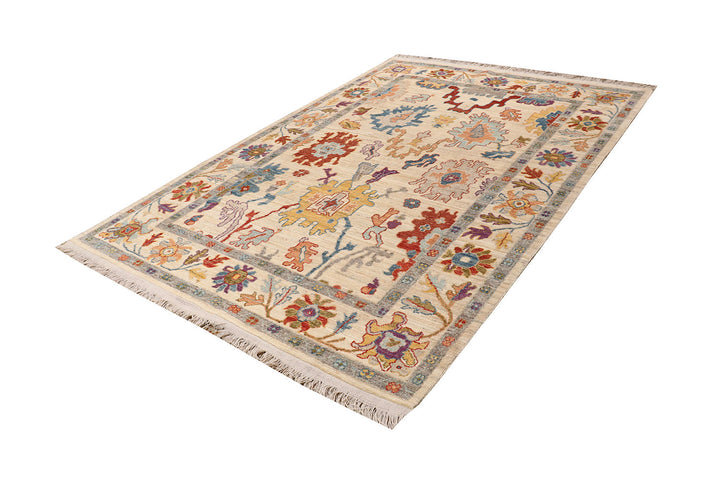 White Afghan Oushak Rug 6'2" x 8'11" Hand-Knotted border