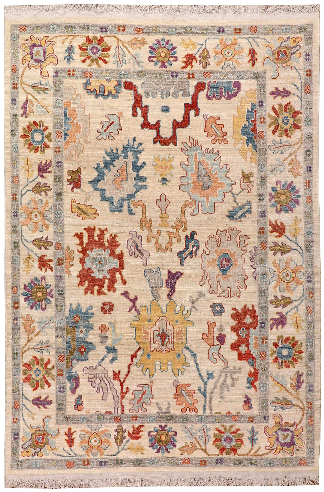 White Afghan Oushak Rug 6'2" x 8'11" Hand-Knotted