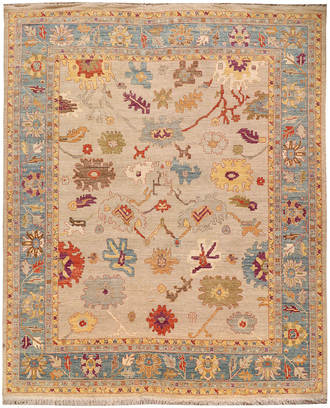 Tan Oushak Rug 12' 4" x 14' 6" Hand-Knotted