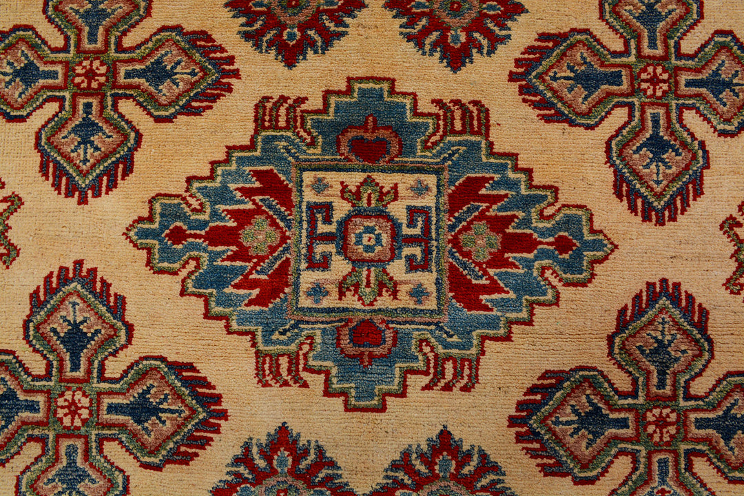 White Afghan Kazak Rug 5' 1 x 6' 6 Hand-Knotted close-up