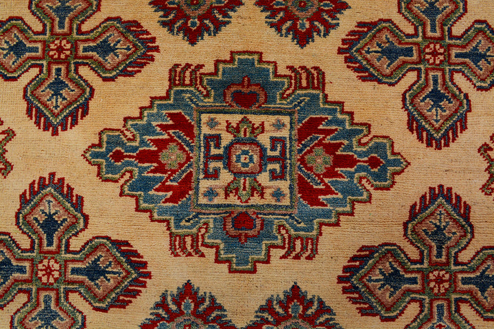 White Afghan Kazak Rug 5' 1 x 6' 6 Hand-Knotted close-up